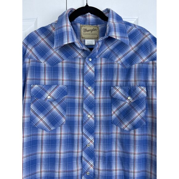 Wrangler Men's Blue & Red Plaid Short Sleeve Western Button-Down Shirt 2XL - Picture 2 of 9